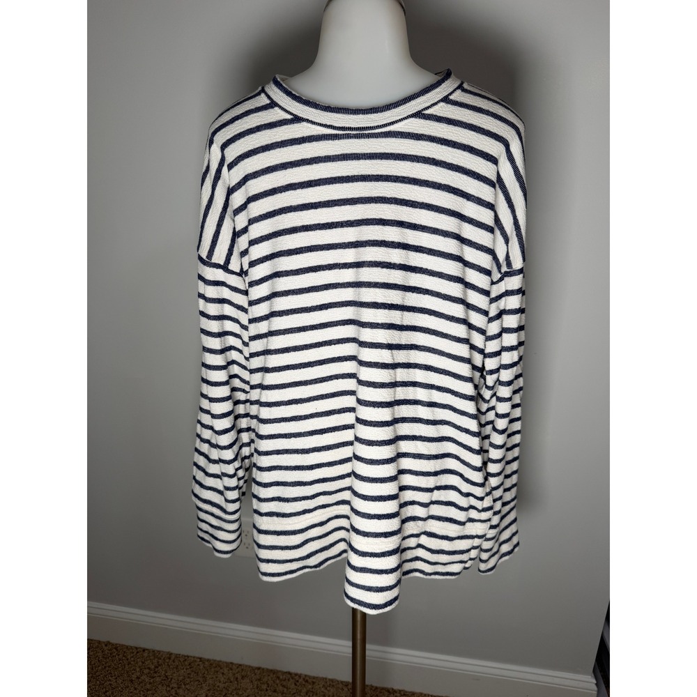 Aerie Striped Long Sleeve Top Navy White Slub Knit Side Slit Oversized Small
